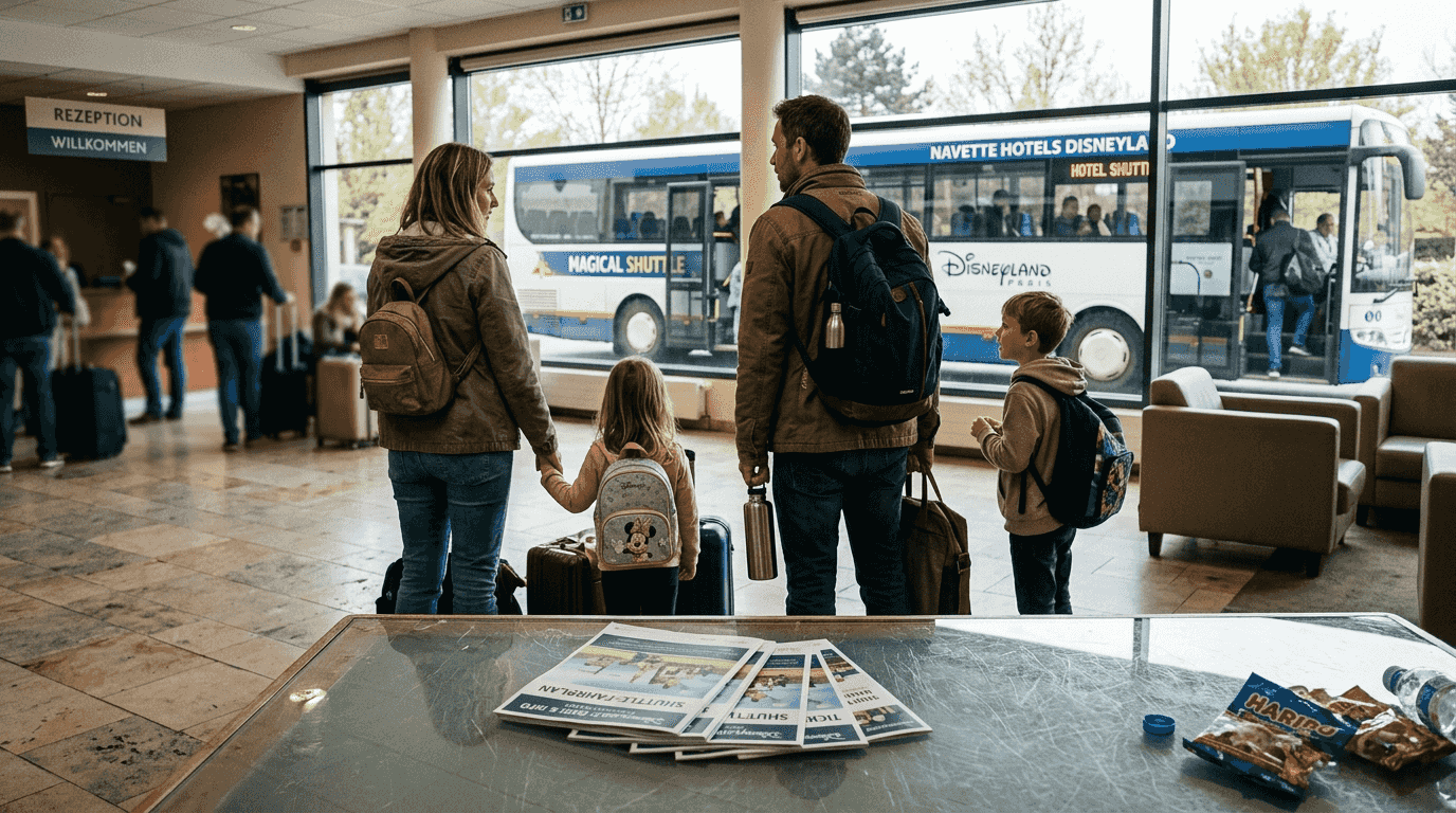Eine Familie sitzt in der Hotellobby und wartet darauf, dass der Shuttlebus sie abholt.