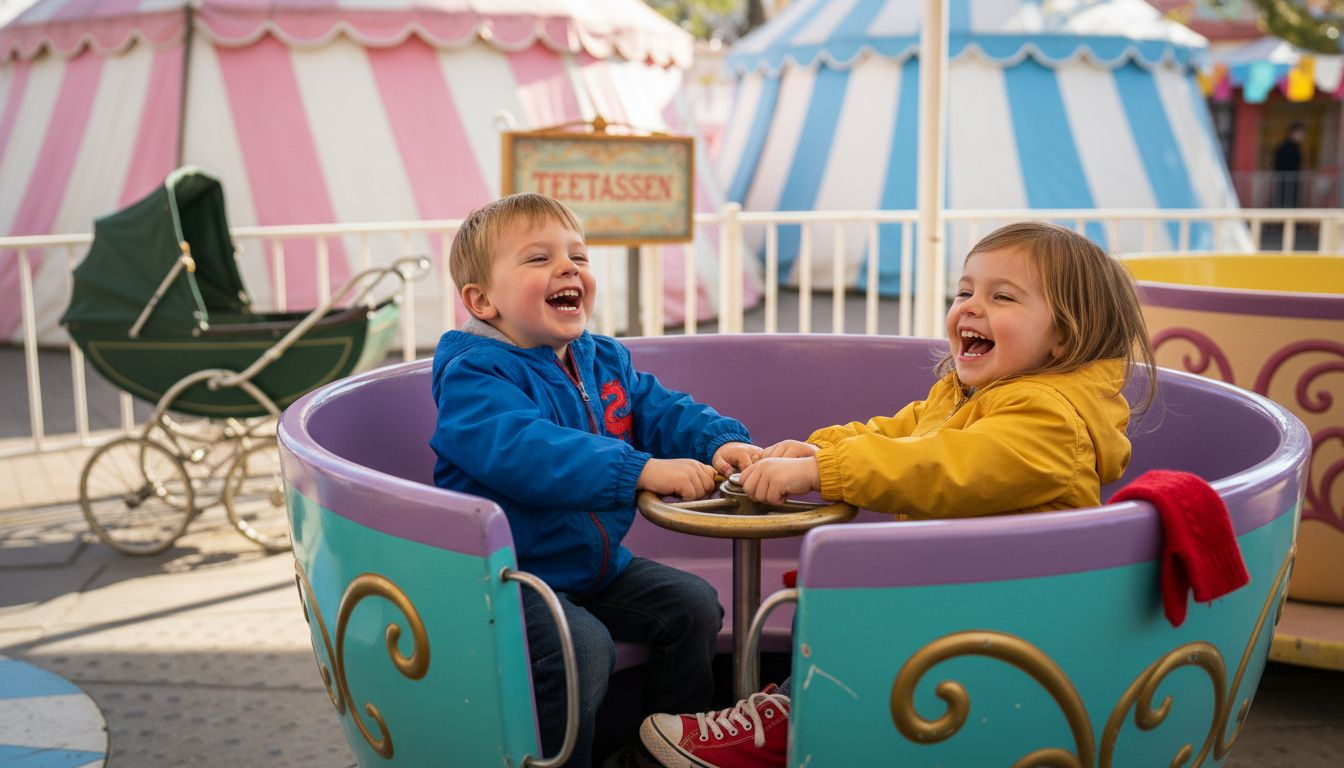 Kinder drehen fröhlich ihre Runden in den bunten Teetassen im Fantasyland von Disneyland Paris.