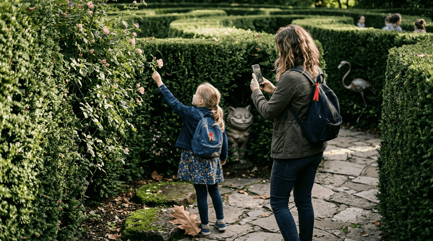 Eine Familie entdeckt gemeinsam das spannende Alice-Labyrinth und sucht ihren Weg durch das verwinkelte Labyrinth.