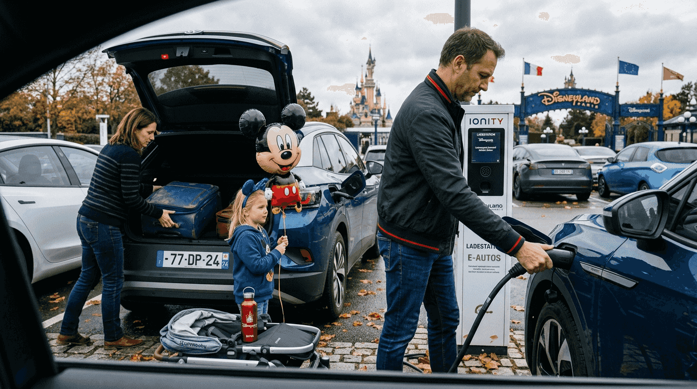 Familie lädt ihr E-Auto an der Ladestation im Disneyland auf