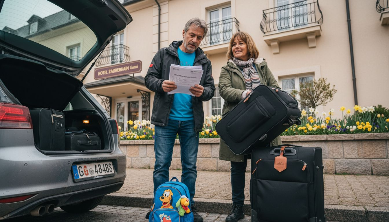 Ein Paar richtet sich im Disneyland Hotel ein und packt seine Koffer aus.