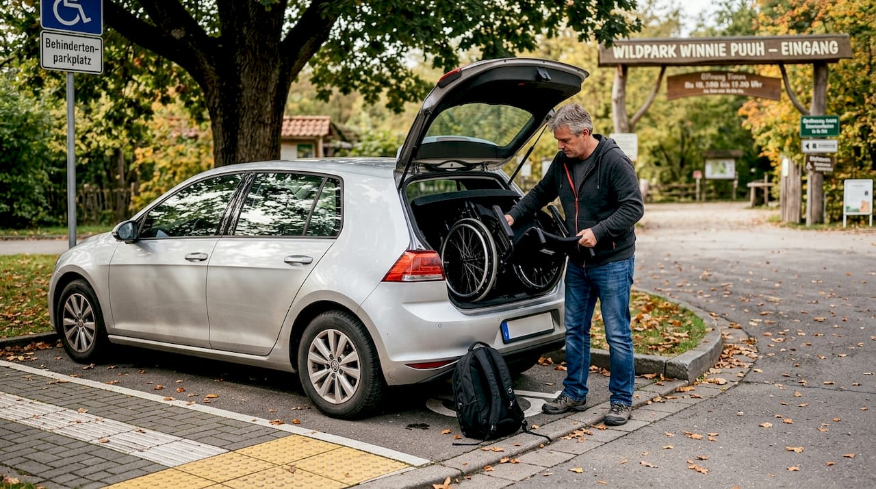 Ein Rollstuhl steht auf dem Behindertenparkplatz direkt am Eingang des Parks.