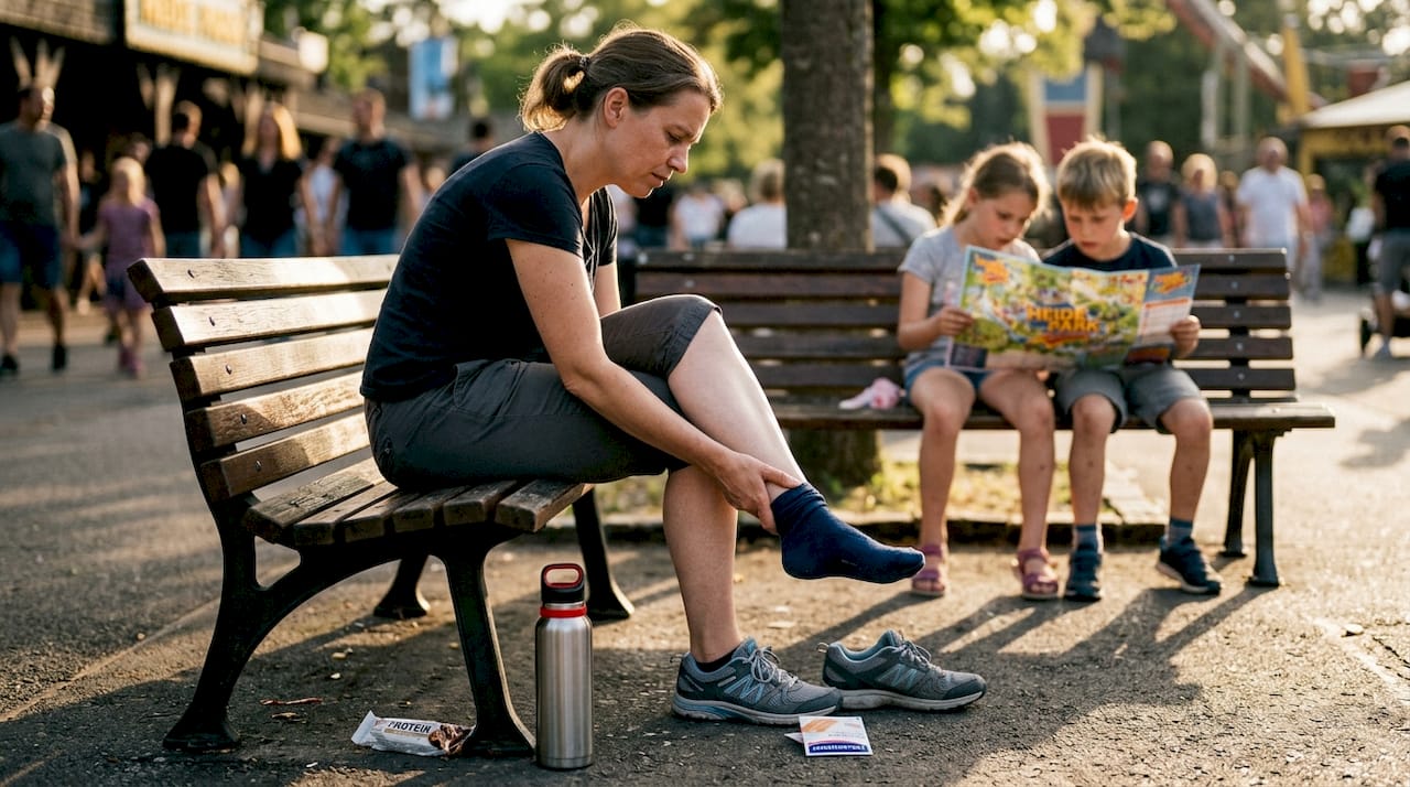 Ein Elternteil gönnt sich eine Pause und entspannt die müden Füße in einer Sitzecke im Disneyland.