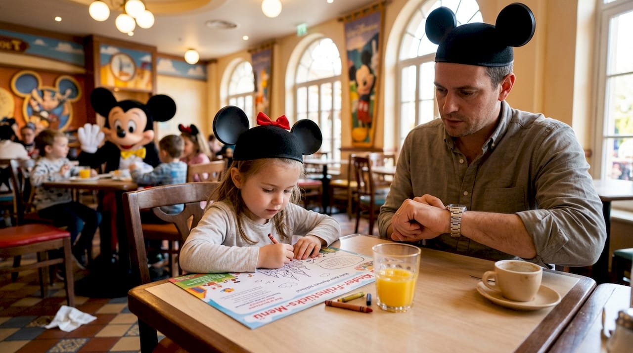 Eine Familie wartet gespannt darauf, im Themen-Café gemeinsam zu frühstücken.