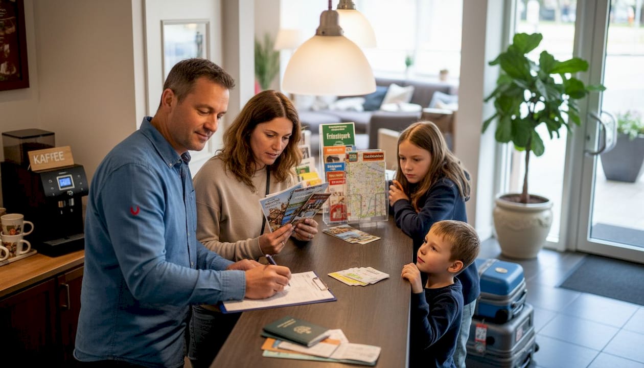 Eine Familie meldet sich an der Hotelrezeption an und freut sich auf ihren Aufenthalt.