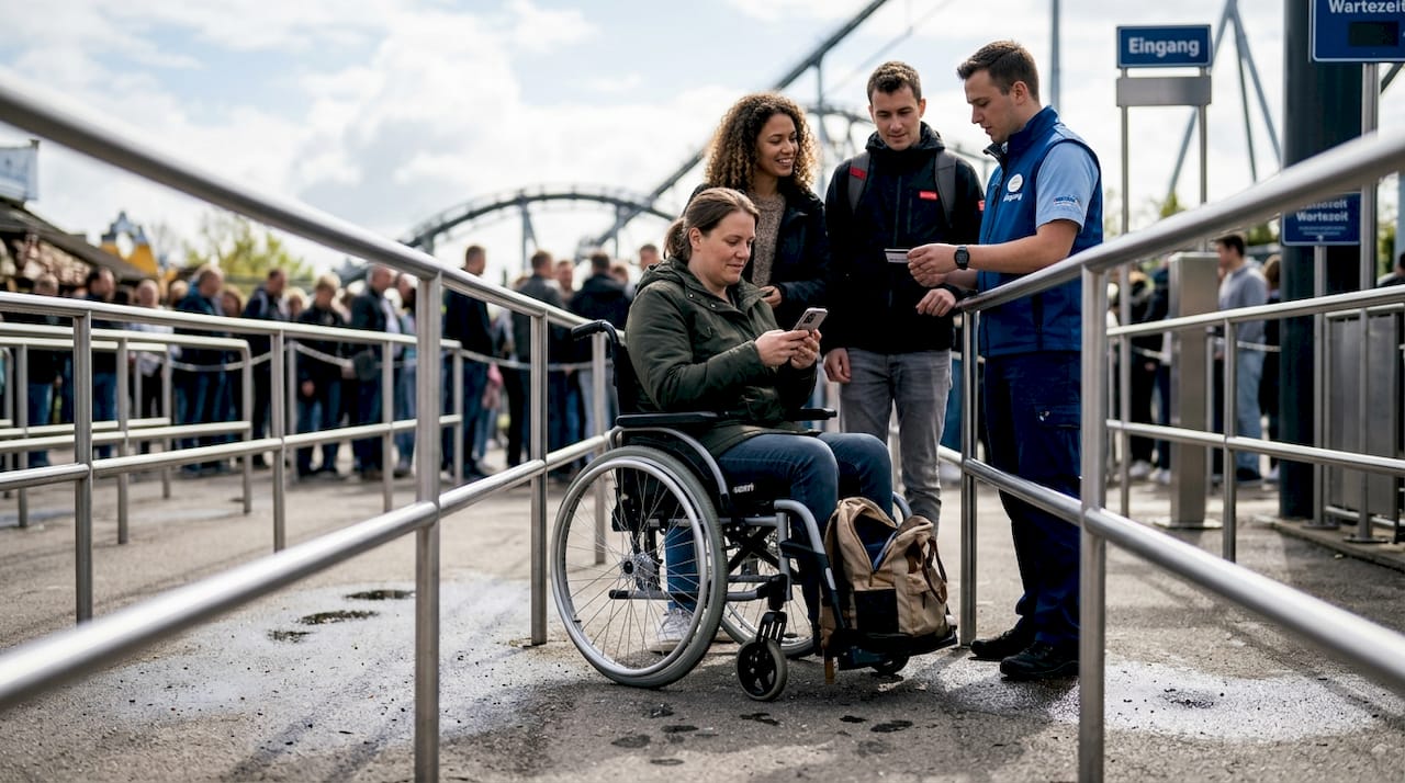Mit dem Rollstuhl und Freunden gemeinsam in der Warteschlange im Freizeitpark