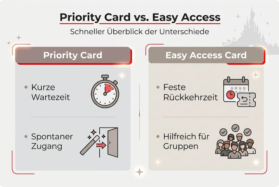 Übersichtsgrafik: Die wichtigsten Fakten zu Pausenservice-Karten im Disneyland-Vergleich auf einen Blick