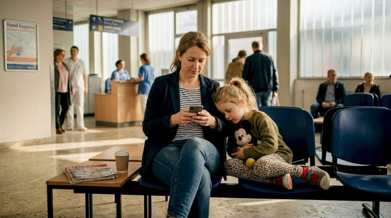 Eine Mutter sitzt gemeinsam mit ihrer Tochter im Warteraum des Krankenhauses.