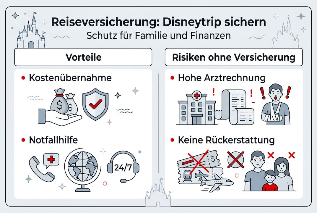 Infografik: Chancen und mögliche Fallstricke einer Reiseversicherung für den Disney-Urlaub auf einen Blick