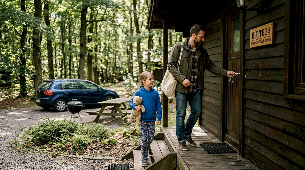 Eine Familie betritt ihre gemütliche Blockhütte im Davy Crockett Ranch.