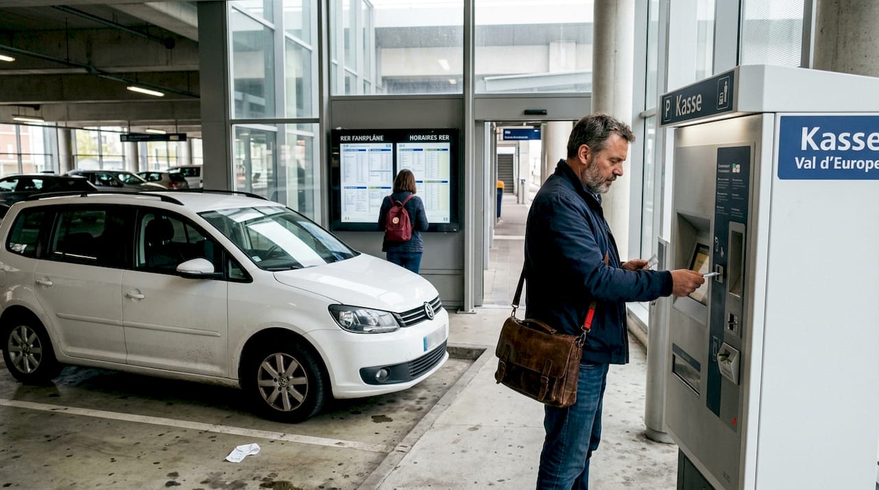 Der Fahrer bezahlt das Parkticket am Automaten im Val d’Europe.