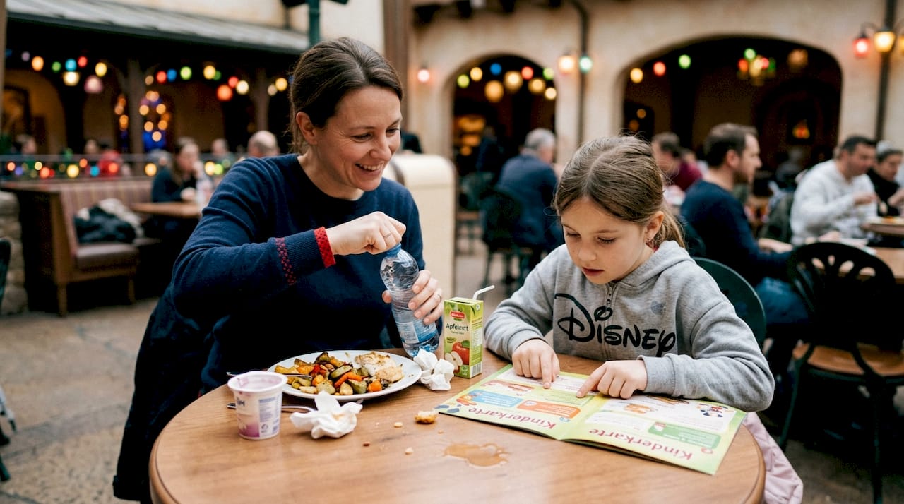 Eine Mutter und ihre Tochter stöbern gemeinsam in der Speisekarte und entscheiden sich für das Kindergericht.