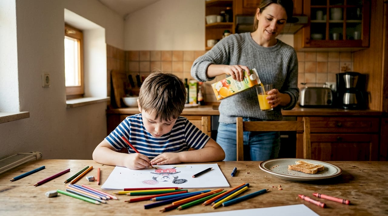 Ein Kind sitzt in der Küche und zeichnet seine Lieblingsfigur von Disney.