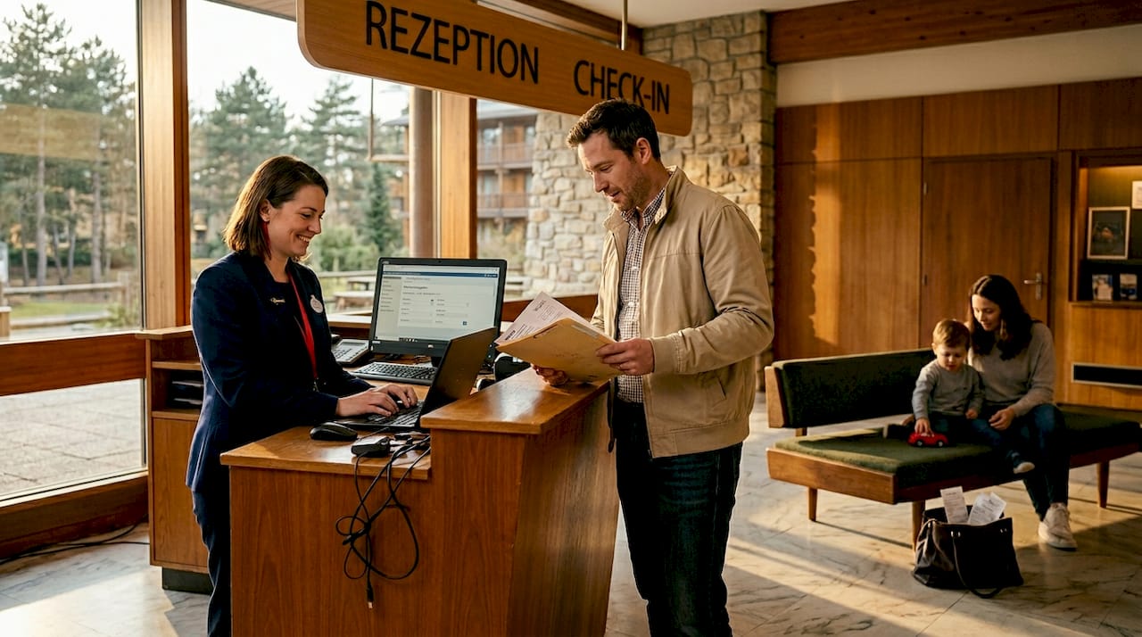 Eine Familie meldet sich gerade an der Hotelrezeption an.