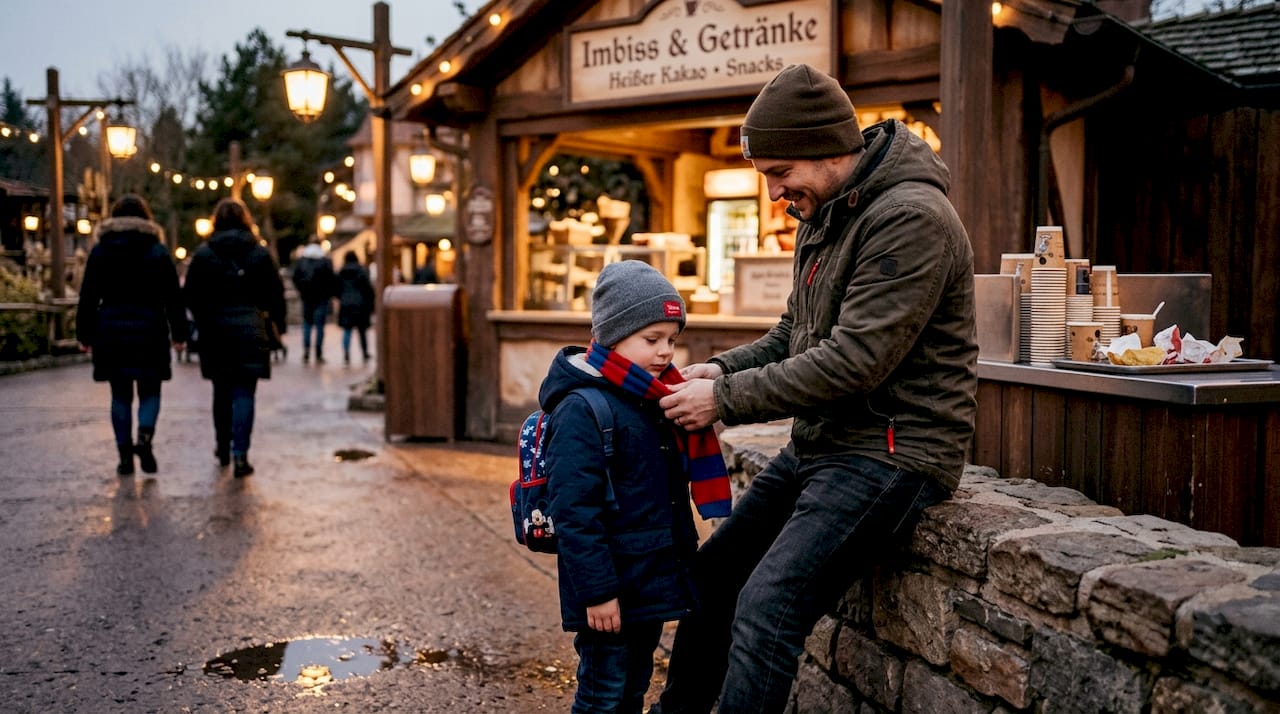 Ein Vater unterstützt sein Kind an einem entspannten Abend im Disney Park.
