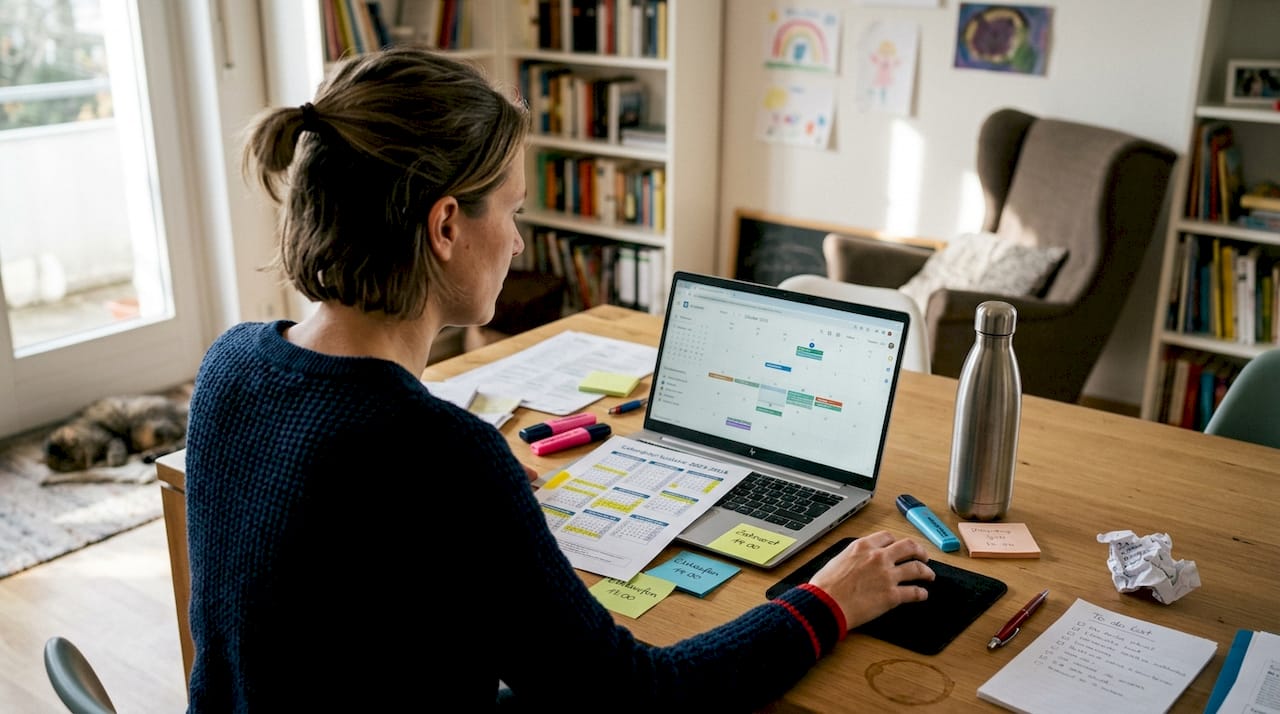 Eine Frau sitzt am Schreibtisch und plant ihre nächste Reise.