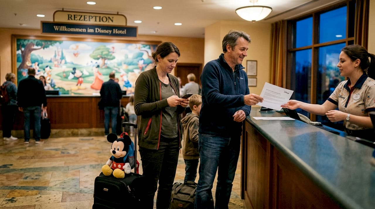 Eine Familie meldet sich an der Rezeption eines Disney-Hotels an.