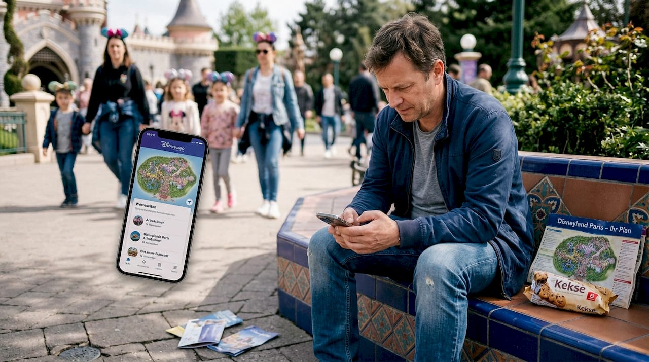 Papa organisiert einen Disney-Ausflug – mit Smartphone und Parkkarte im Gepäck.