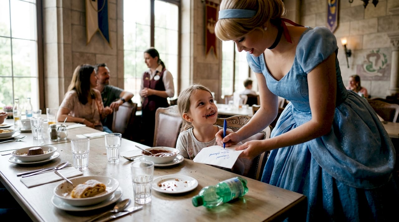 Kind beim Frühstück mit den Disney-Figuren