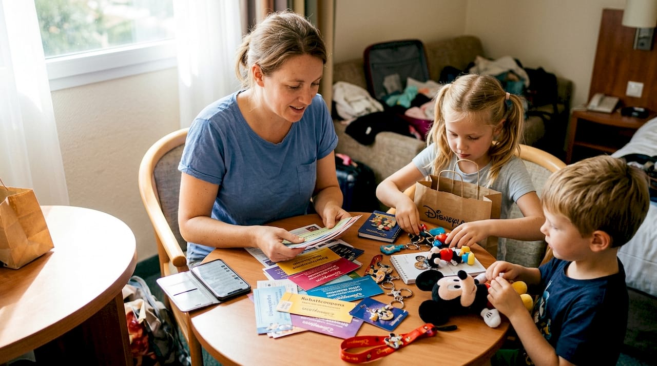 Eine Familie freut sich über vergünstigte Tickets für Disneyland Paris dank clever eingesetzter Rabattcoupons.