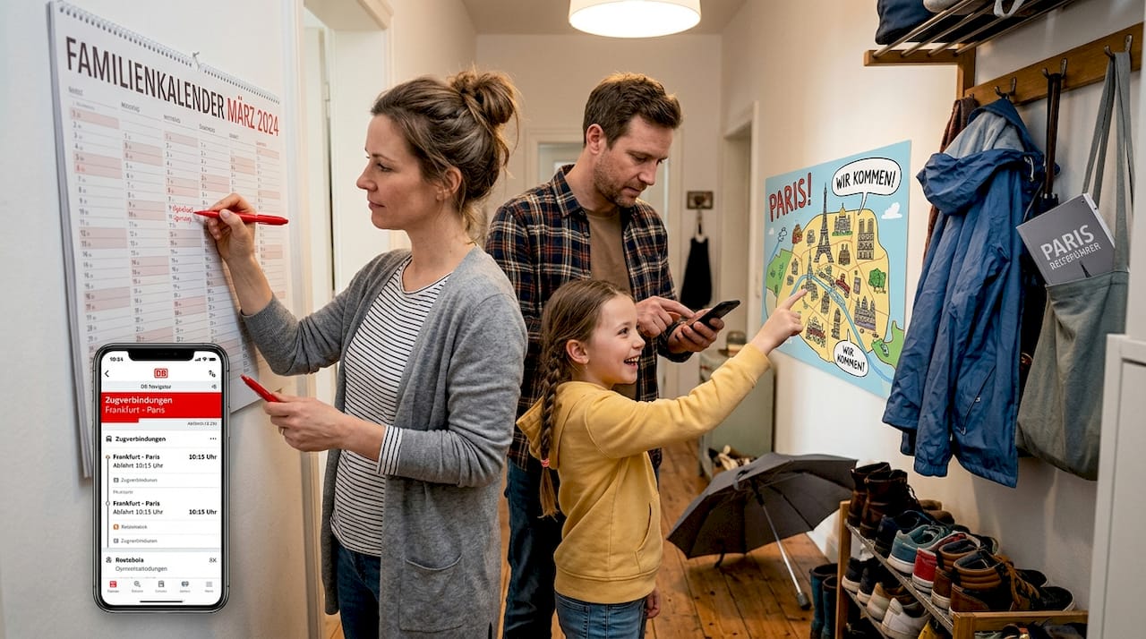 Die Familie stimmt das Reisedatum ab und wirft einen Blick auf die Wetterprognose.