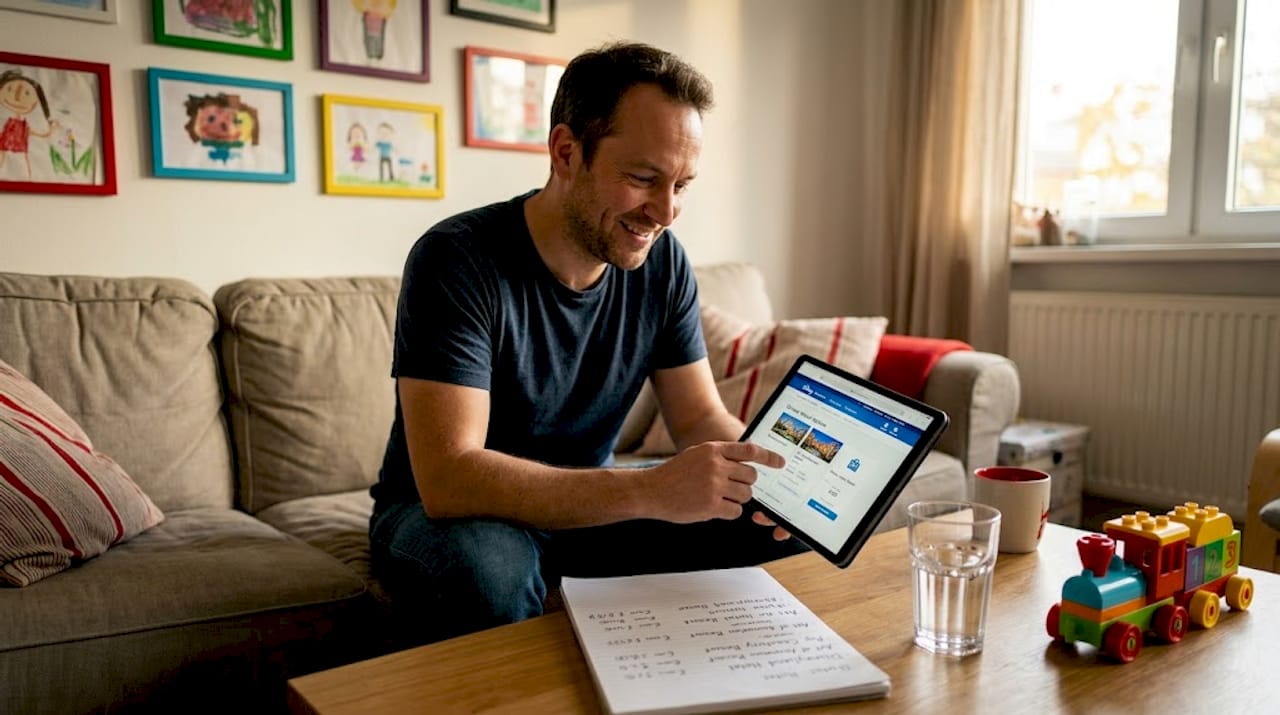 Ein Elternteil sitzt im Wohnzimmer und vergleicht verschiedene Disney-Hotels miteinander.