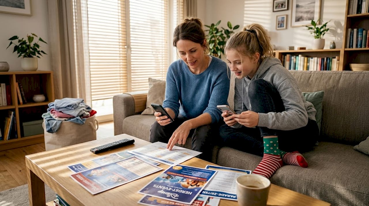 Mutter und Tochter schauen sich gemeinsam den Ablaufplan der Veranstaltung an.