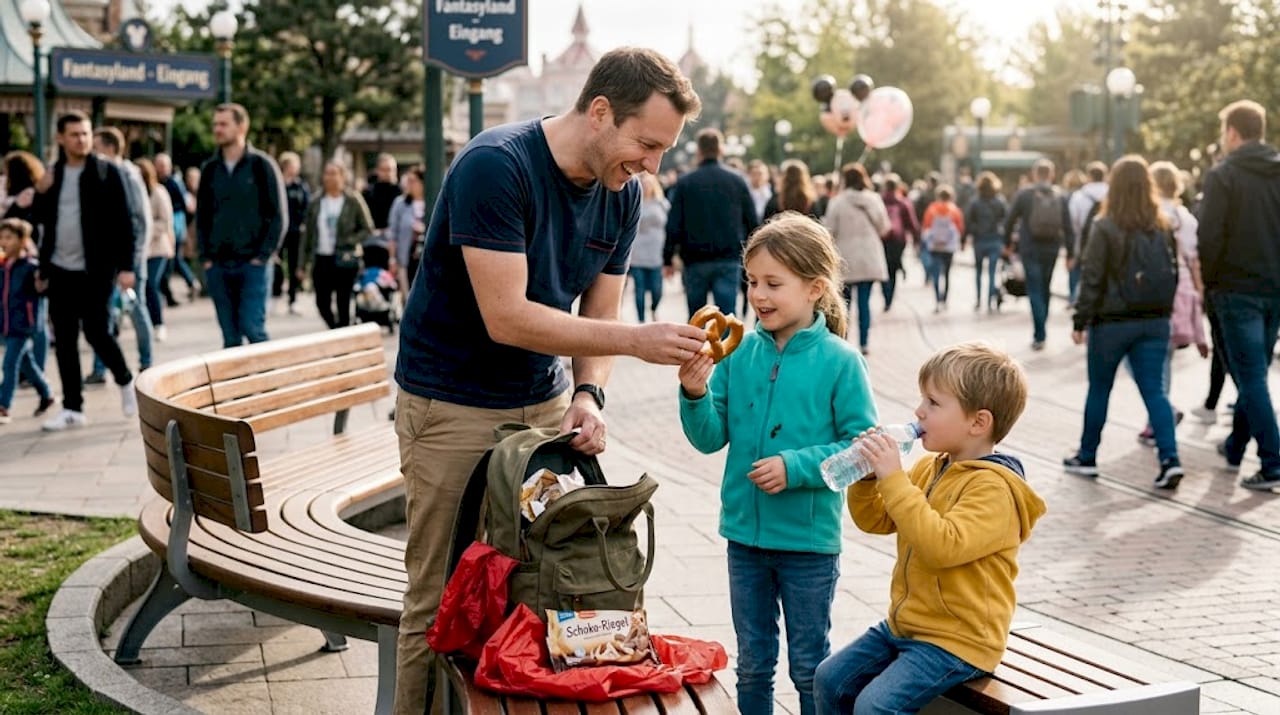 Eine Familie genießt gemeinsam kleine Leckereien im Disneyland Paris.
