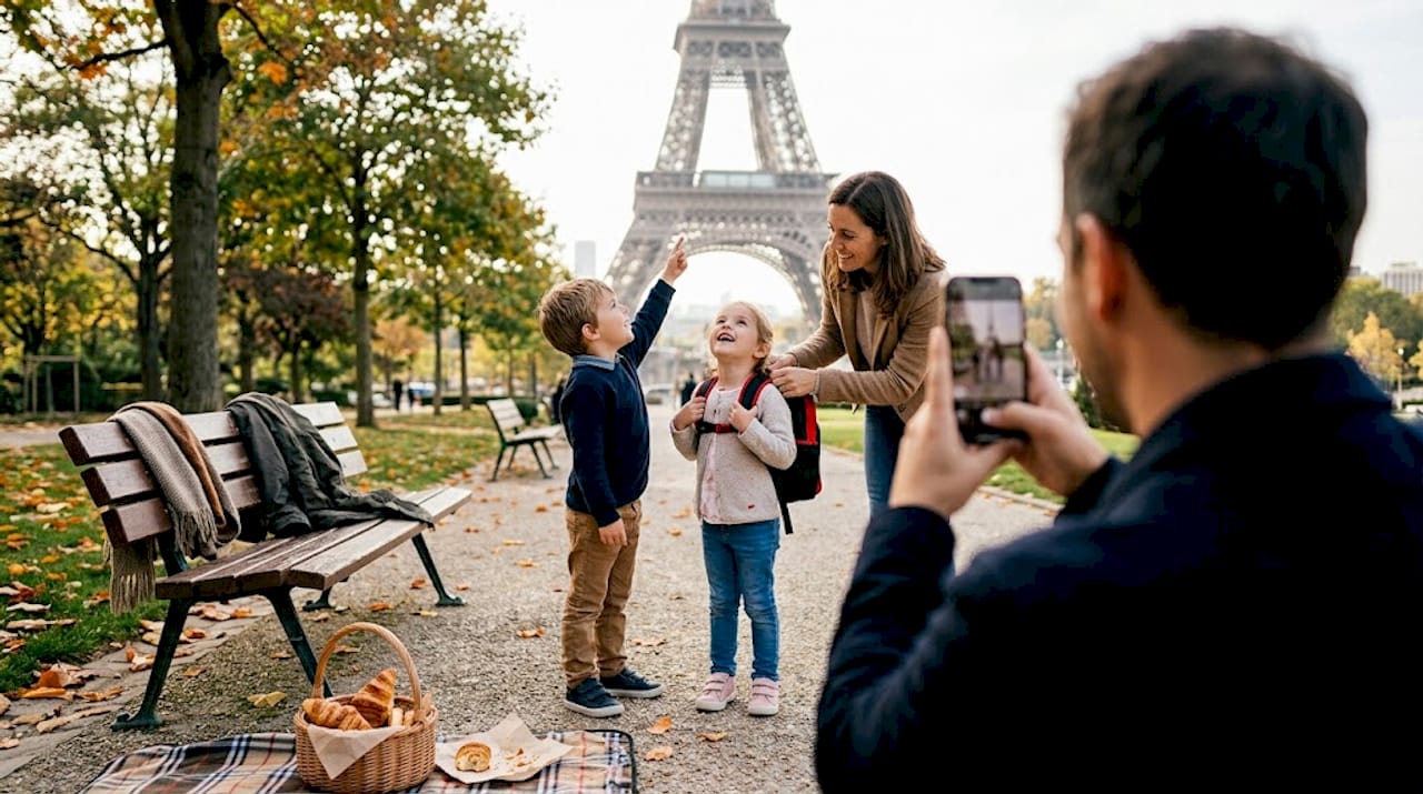 Familienausflug mit dem Eiffelturm als beeindruckender Kulisse