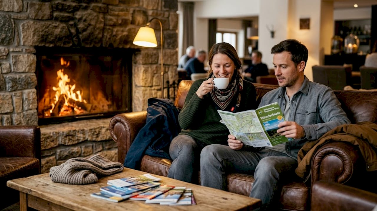 Ein Paar genießt entspannte Stunden in der Hotellounge am knisternden Kaminfeuer.