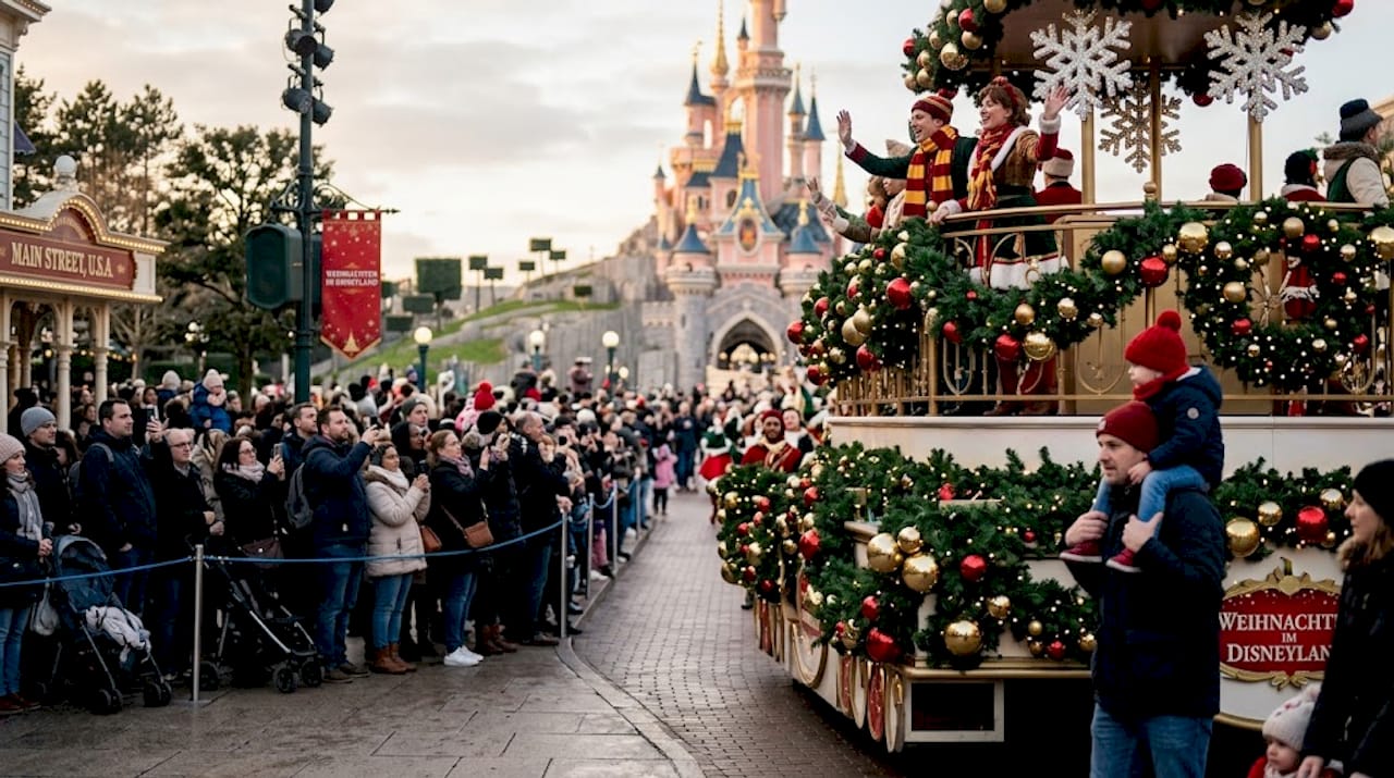 Festlich geschmückter Weihnachtswagen auf der Main Street in Disneyland