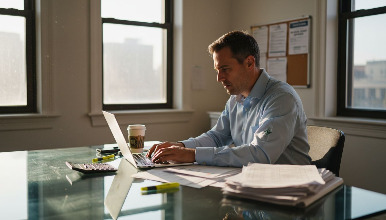 Real estate analyst reviewing spreadsheets in corner office