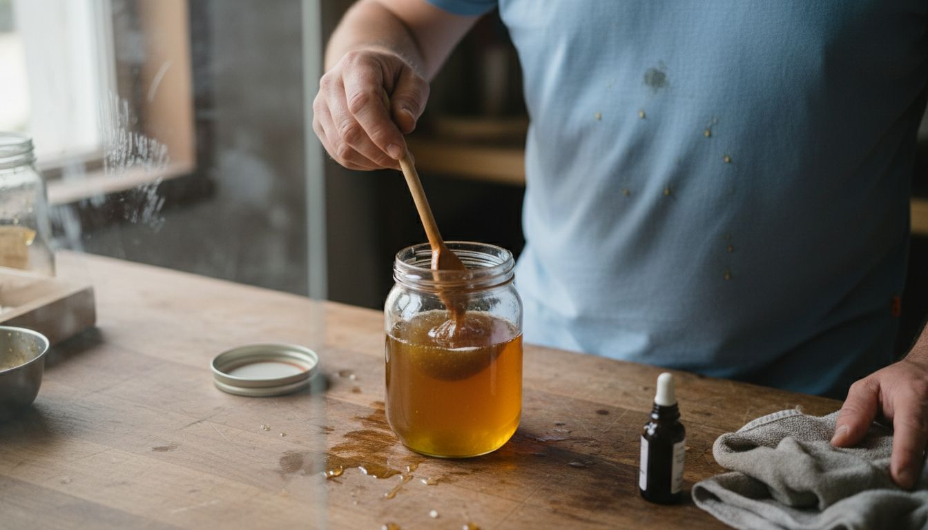 Ein Mann fügt einen Propolisextrakt zum Honig hinzu und mischt ihn gut durch.