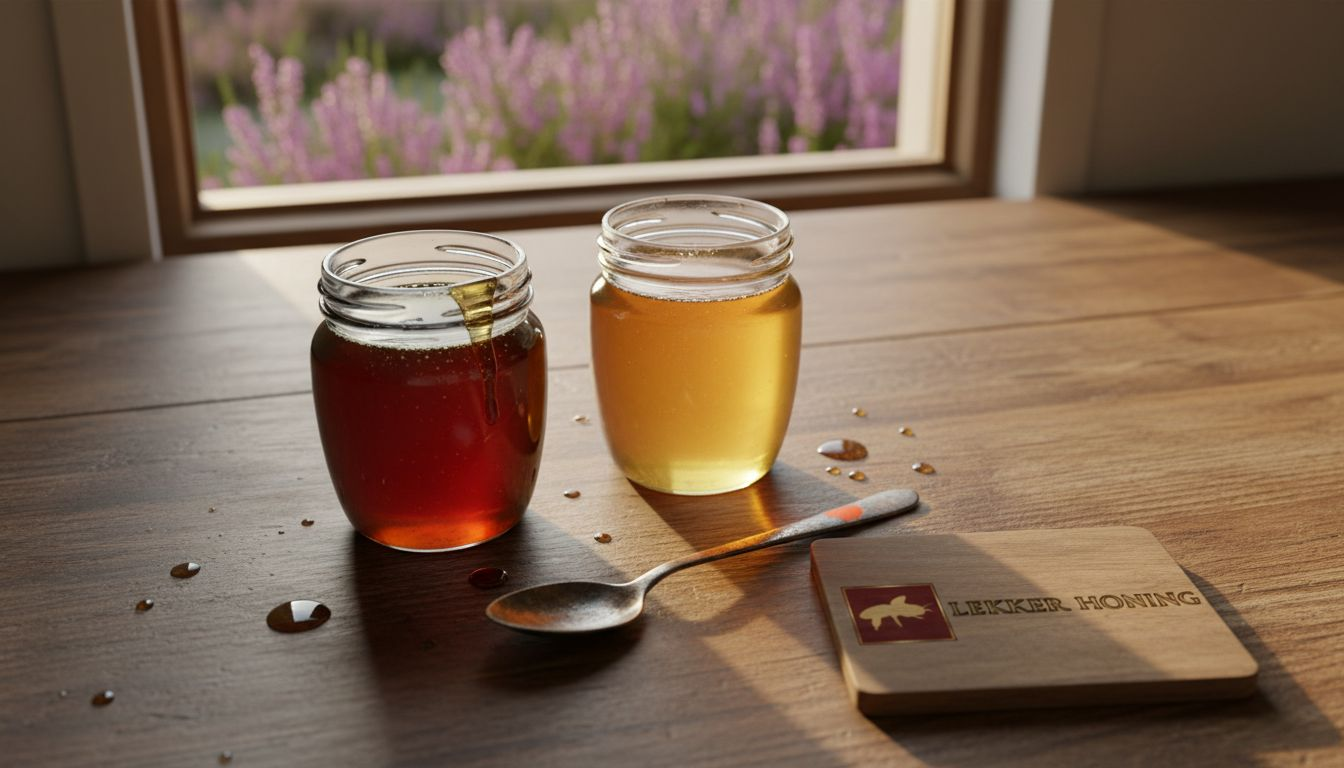 Een potje diepe, donkere heidehoning naast een frisse, lichte bloemenhoning – een mooi contrast op de ontbijttafel.