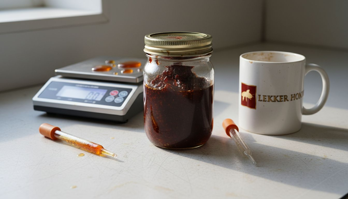 Een potje rode propolis staat op het labtafel.