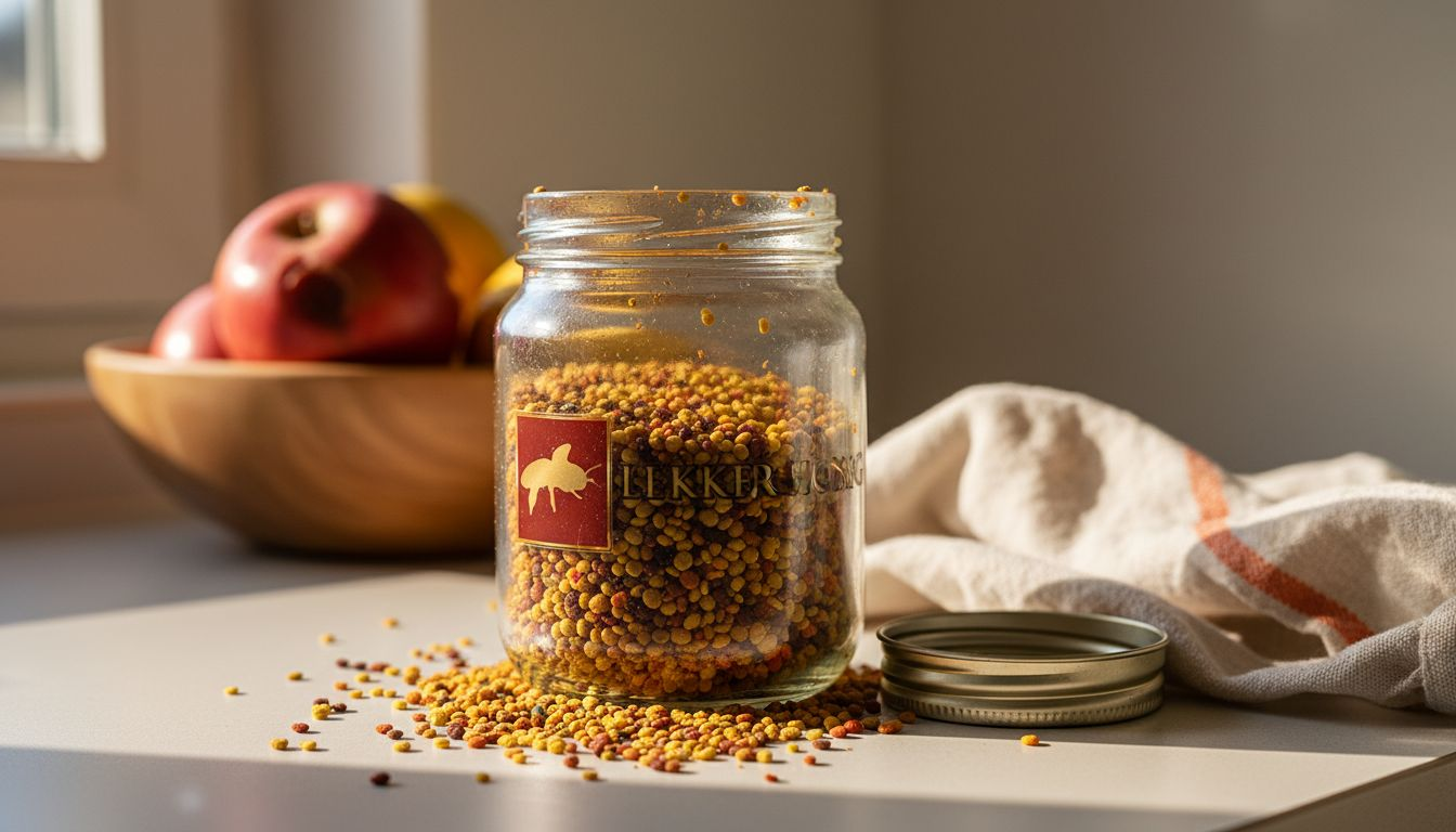 Verse bijenpollen in een glazen pot op het aanrecht