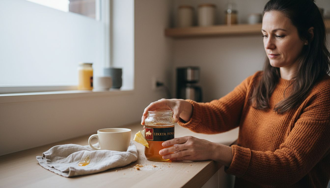 Een vrouw bewaart een pot honing in haar keukenkastje.
