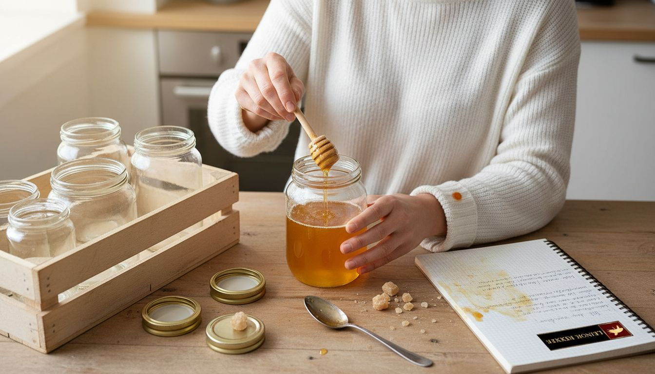 Een vrouw haalt met een lepel honing uit een grote, glazen pot.