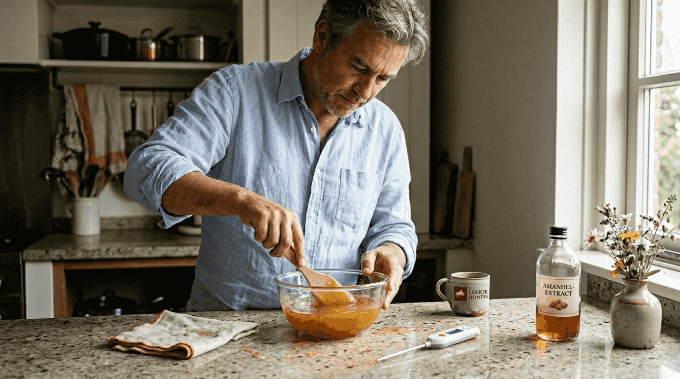 Een man mengt honing met een houten lepel.