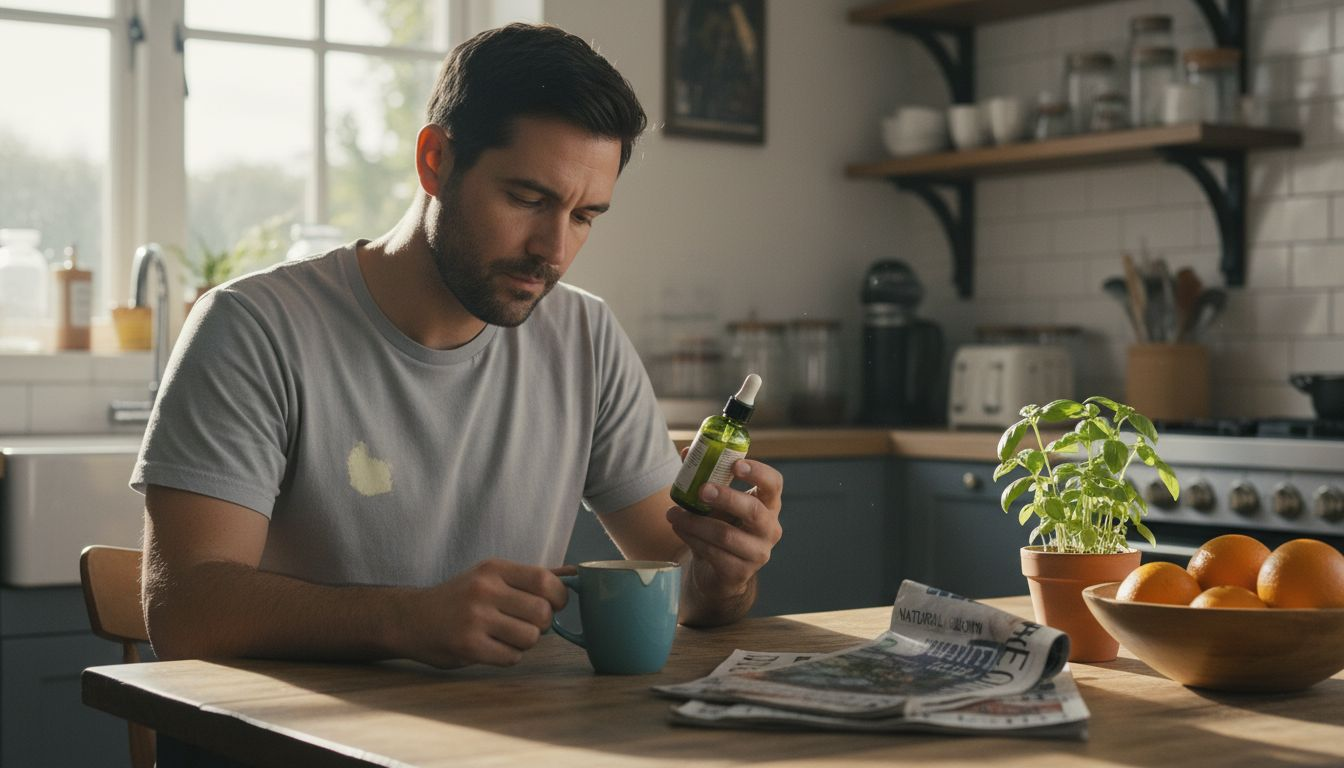 Man die een skincare-ingrediëntenlabel leest aan tafel