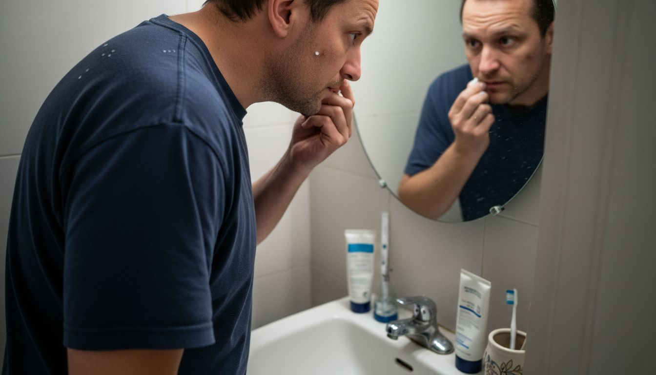 Man applies cream to cheek in bathroom