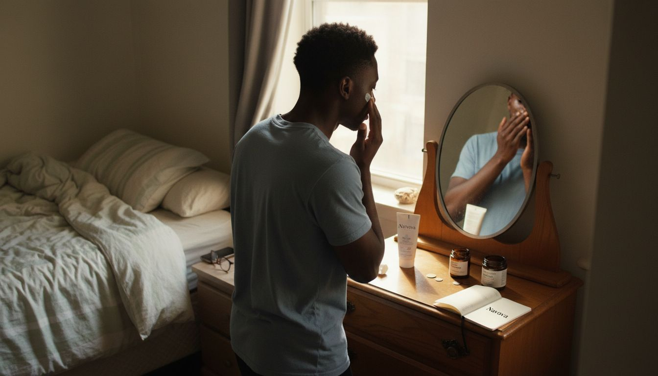 Man applying sunscreen in modest bedroom