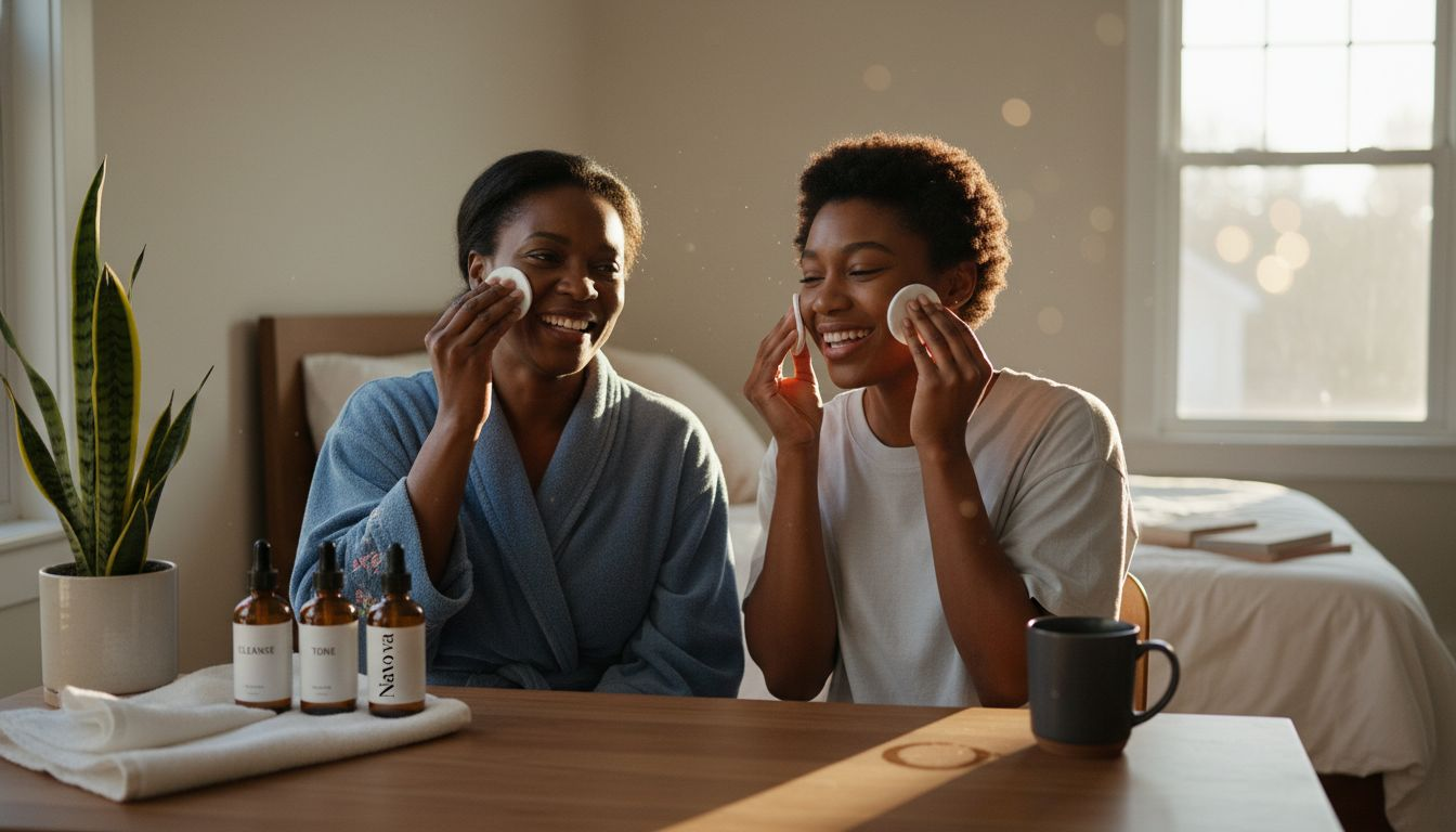 Two Black women with minimalist skincare at vanity