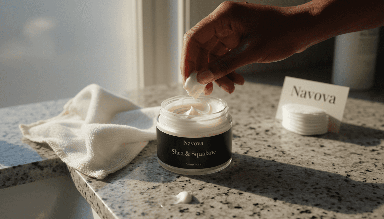 Close-up of shea squalane moisturizer being used