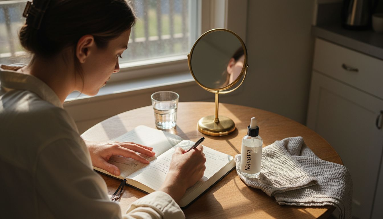Person tracking skincare routines in journal