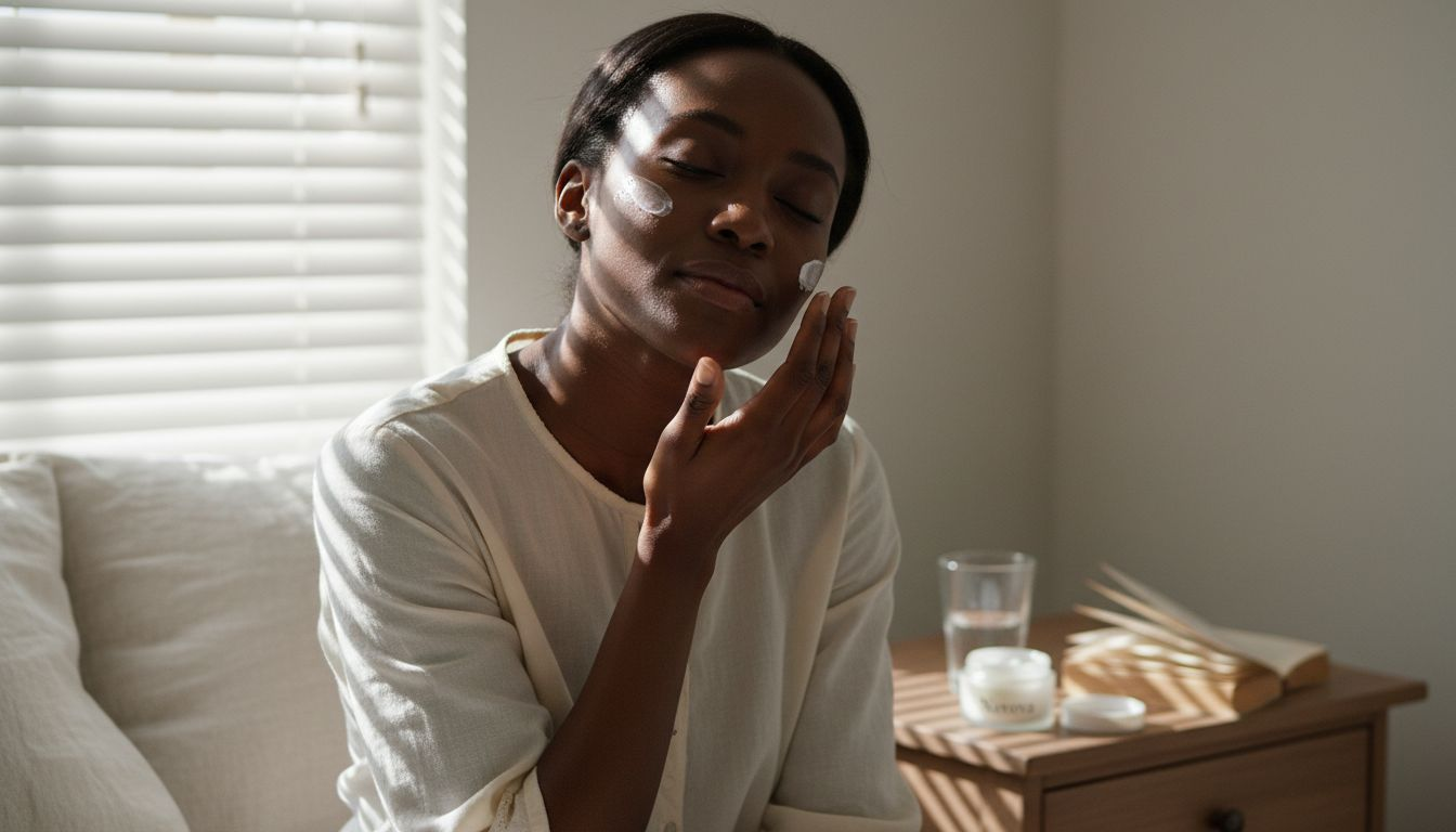 Woman of color applying moisturizer on cheek