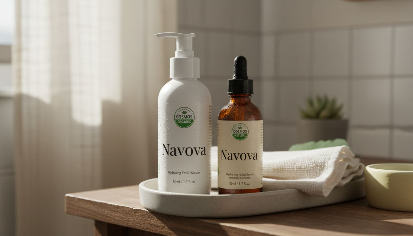 Skincare bottles with COSMOS logo in bathroom