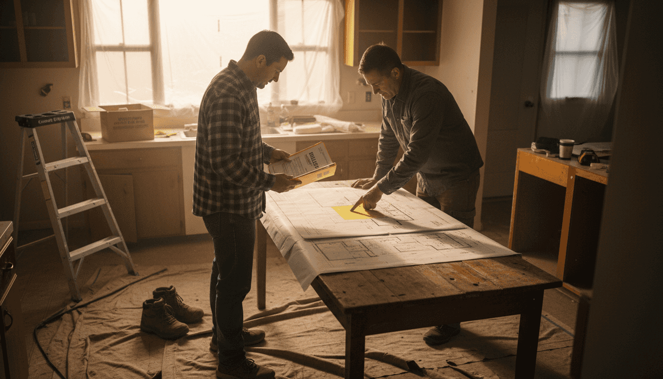 Contractors reviewing renovation plans together
