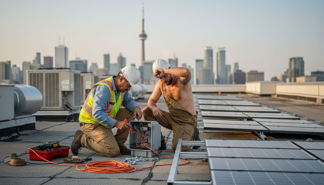 Electricians installing solar panels on rooftop