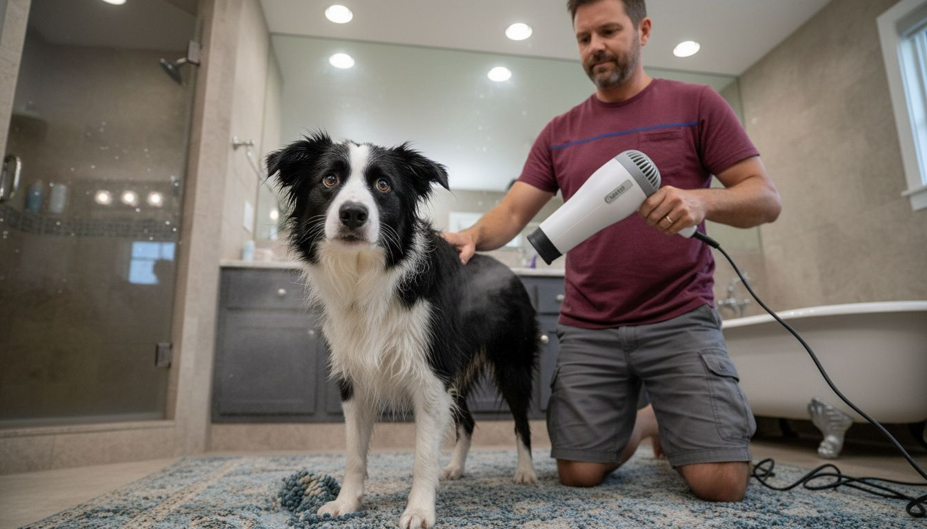 Man gently using pet dryer on collie